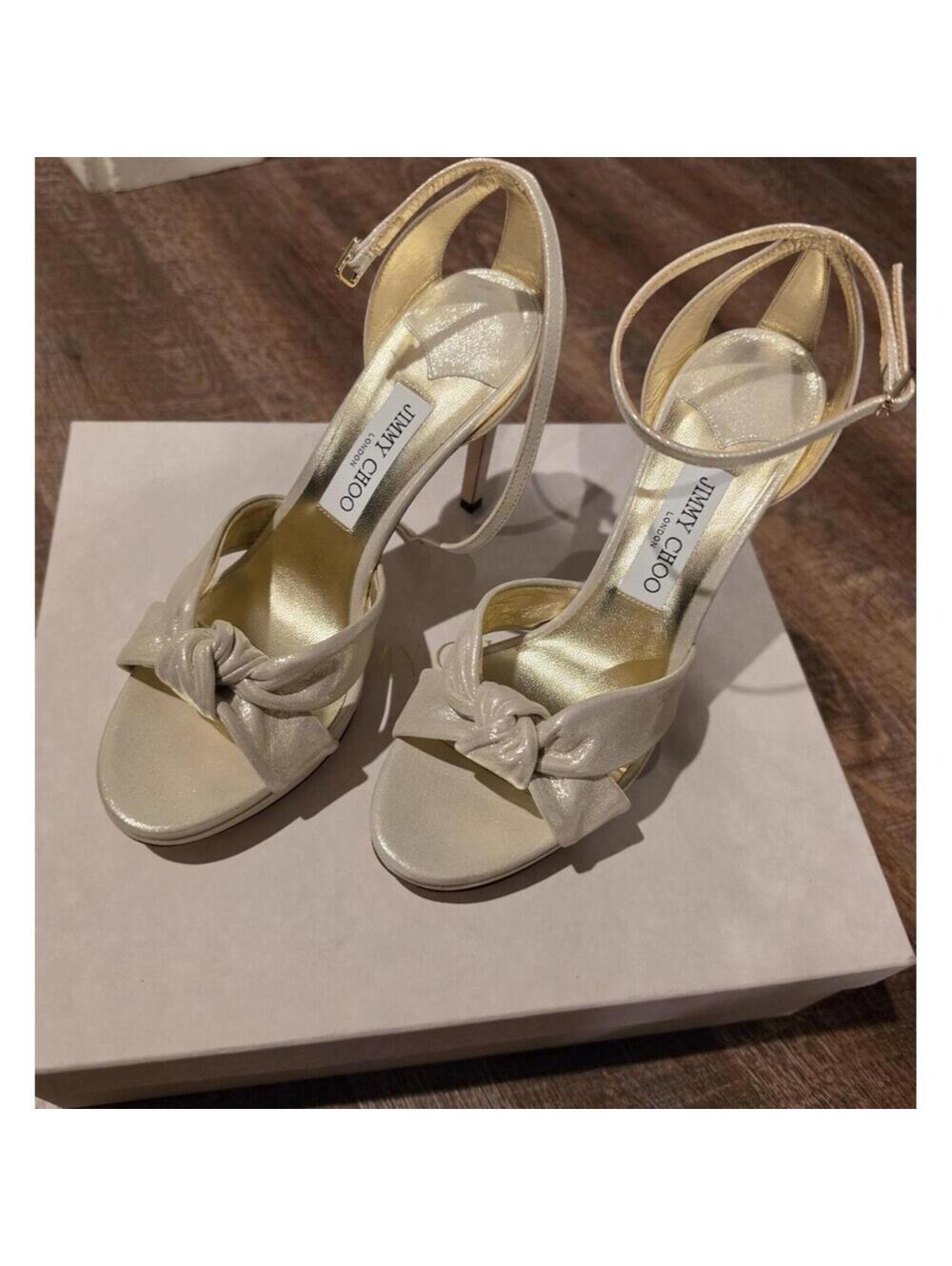 Brand New with Box Jimmy Choo Rosie Soft Gold Strappy Bow Knot Heels Size 8.5